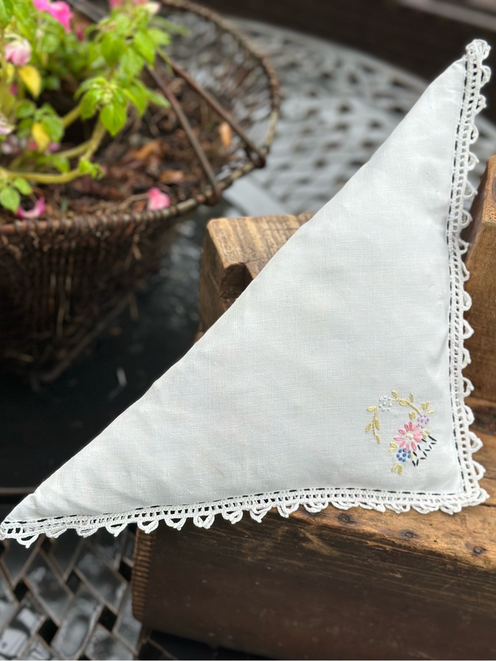 Vintage Hand Embroidered Linen Napkin Pillow Feather Filled 16 x 8